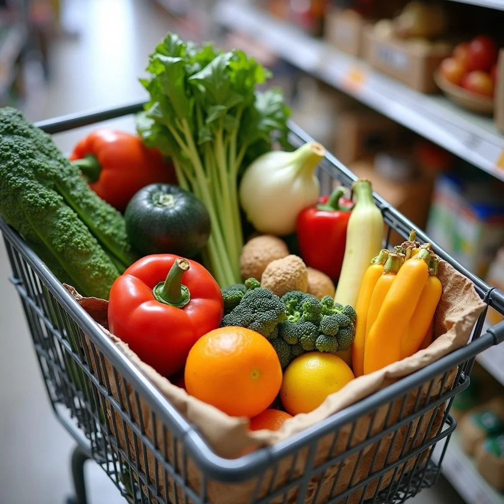 Grocery shopping cart with affordable healthy ingredients for a week's clean eating