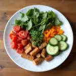 Healthy clean eating meal with vegetables and lean protein on a wooden table
