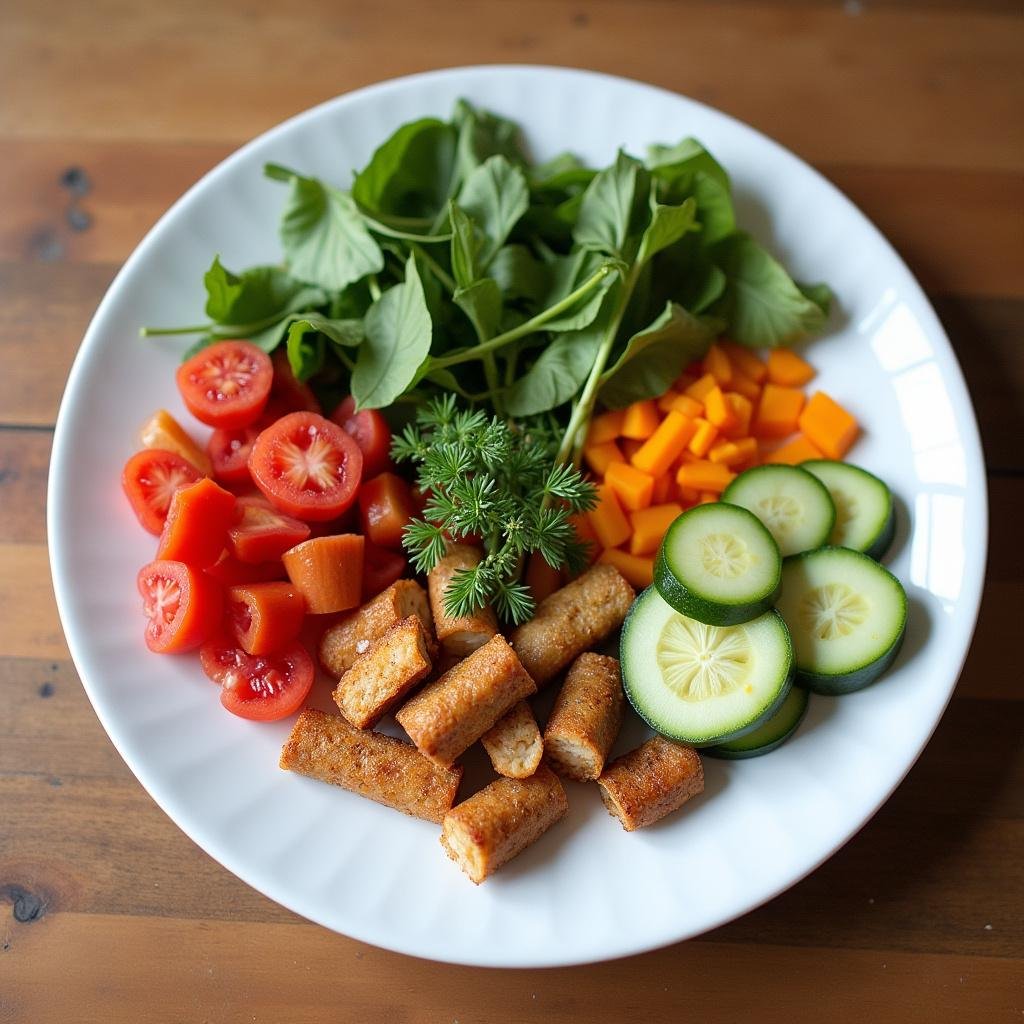 Healthy clean eating meal with vegetables and lean protein on a wooden table