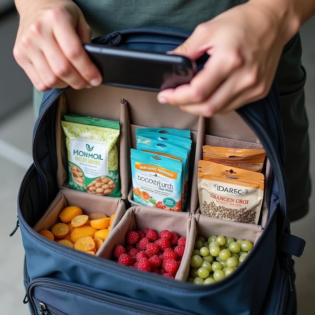 Backpack with organized sections holding healthy snacks ideal for travel, including dried fruits and crackers.