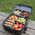 Healthy clean snacks including nuts, fruits, and granola bars packed in a travel-friendly container outdoors.