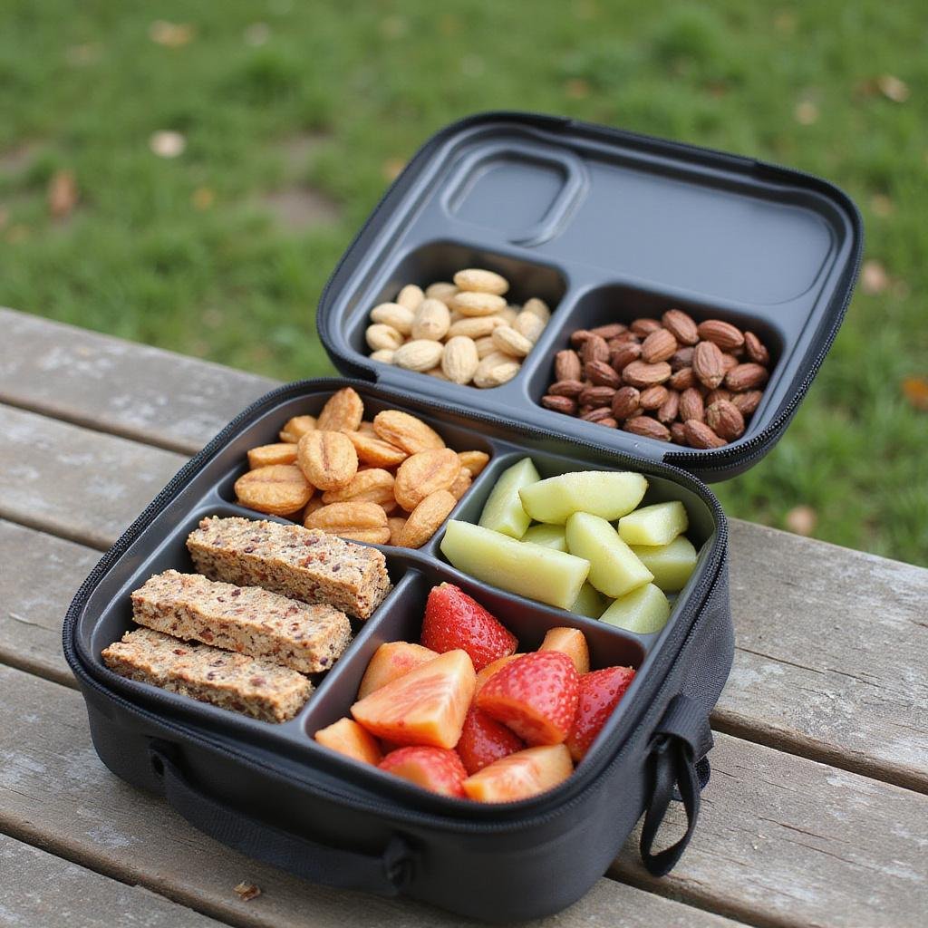 Healthy clean snacks including nuts, fruits, and granola bars packed in a travel-friendly container outdoors.