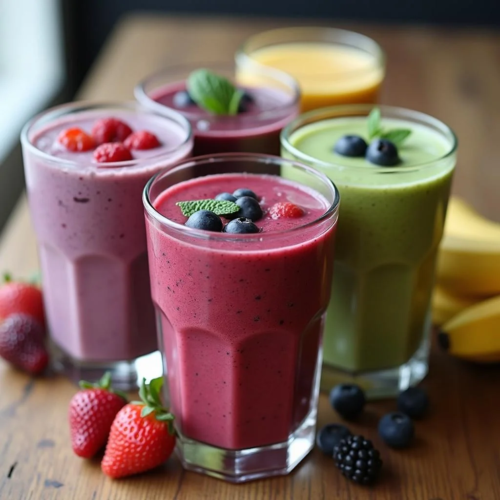 Assorted healthy smoothies with fruits and vegetables, illustrating coffee alternatives with natural energizing ingredients.