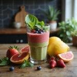 A colorful energizing smoothie made with fresh fruits and greens in a clear glass, perfect as a coffee alternative.
