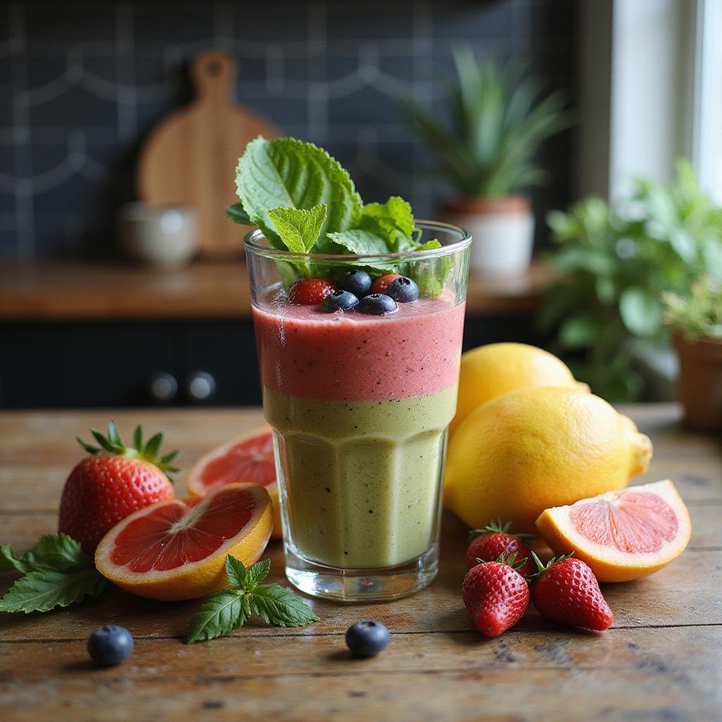 A colorful energizing smoothie made with fresh fruits and greens in a clear glass, perfect as a coffee alternative.