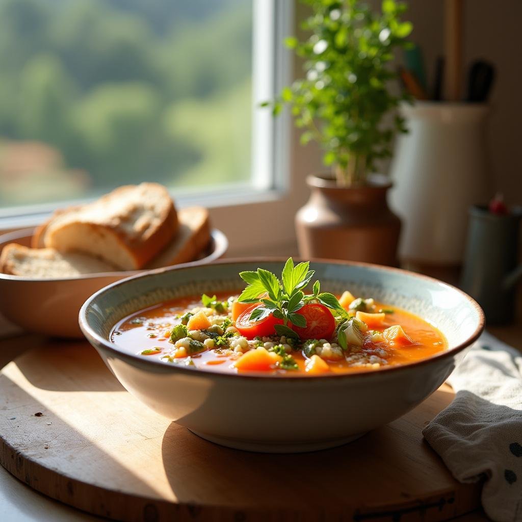 Healthy comfort food bowl of vegetable soup with herbs and bread in a cozy kitchen.