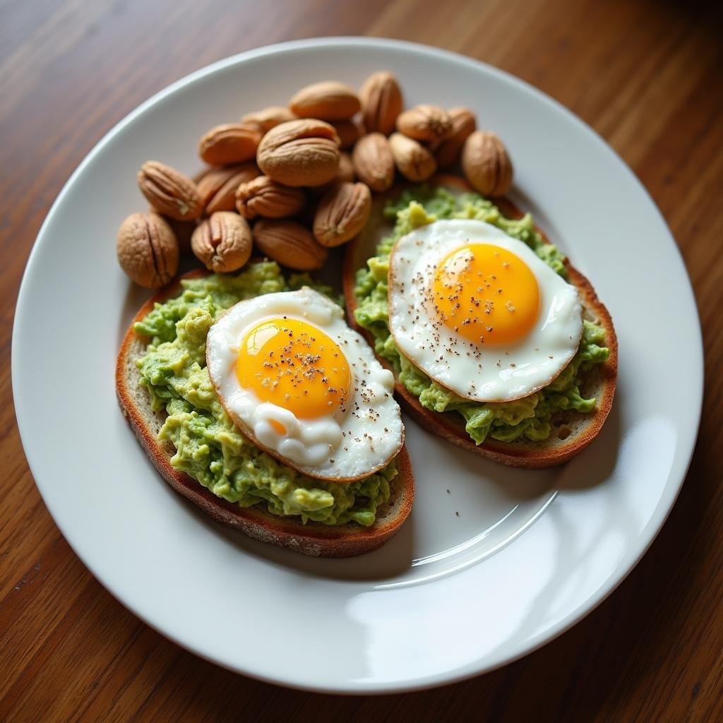 A healthy meal of avocado toast with eggs and nuts on a wooden table, representing comfort foods for hormonal support.