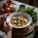 A person savoring a warm bowl of chicken soup in a cozy kitchen, highlighting comfort foods for hormonal swings.