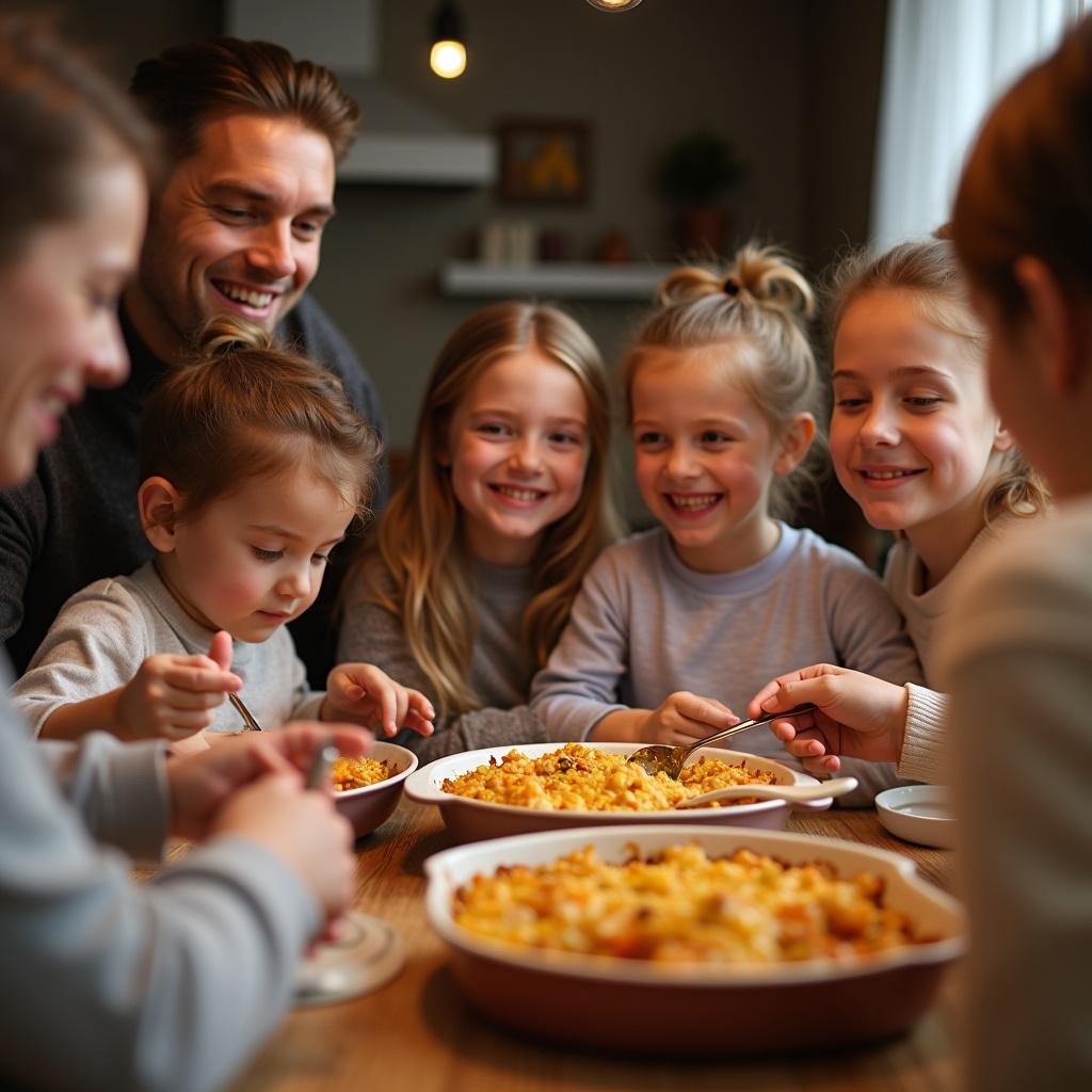 Family enjoying a comforting casserole meal together on a cold day at the dining table