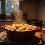 A warm, inviting casserole dish steaming in a cozy kitchen setting, perfect for cold days
