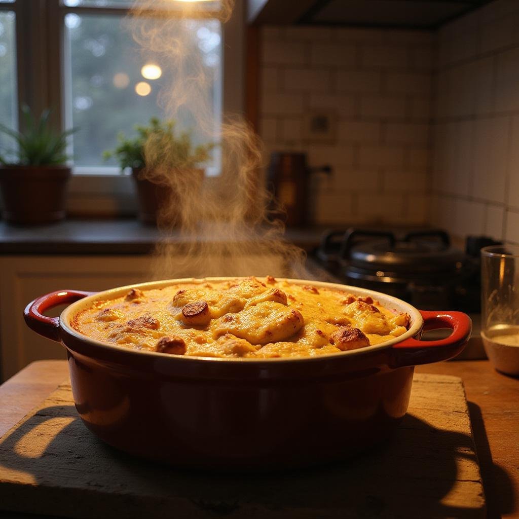 A warm, inviting casserole dish steaming in a cozy kitchen setting, perfect for cold days