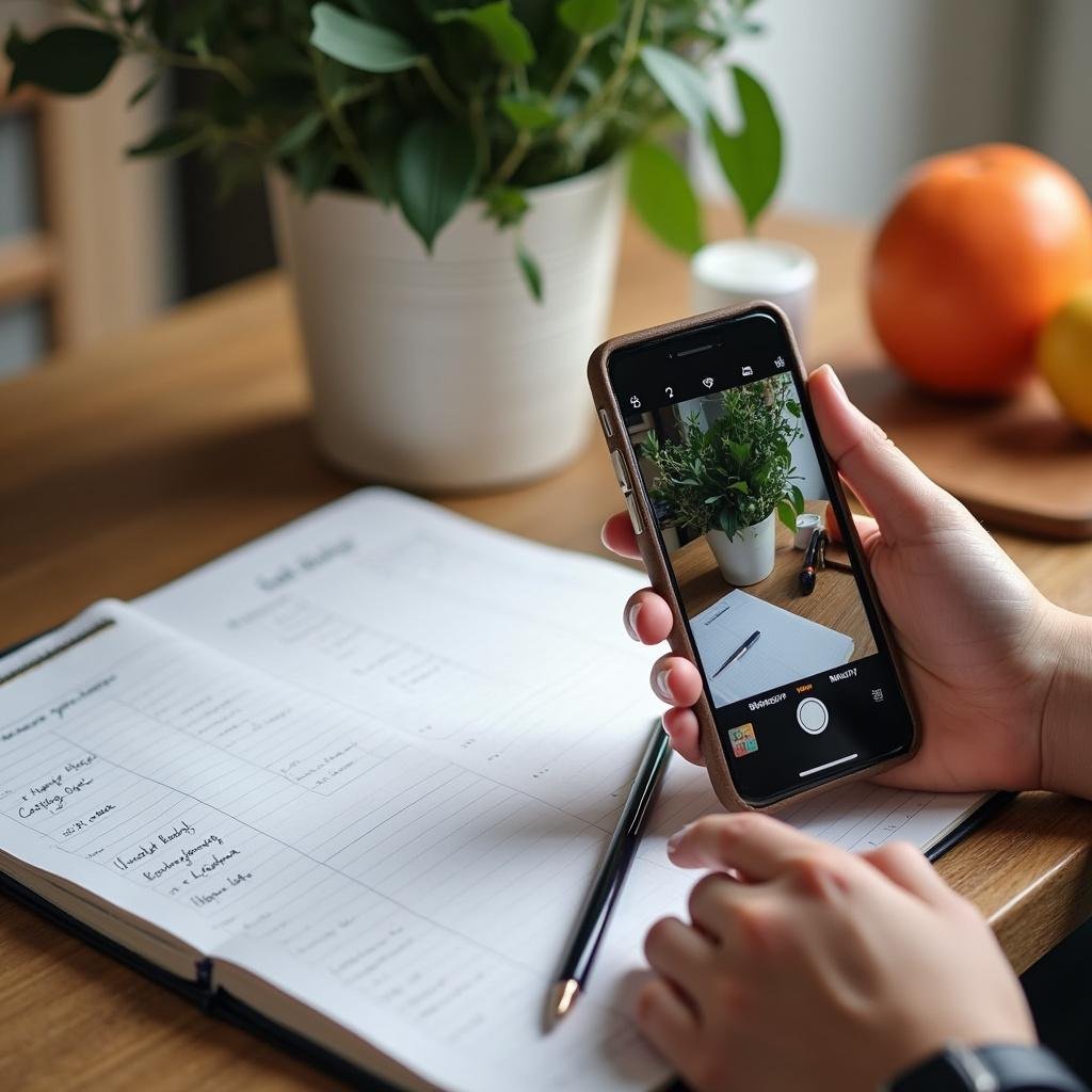 Individual smartly planning weekly meals and budget for cooking in a cozy kitchen setting