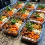 Meal prep containers with various healthy meals prepared for the week to save time and money