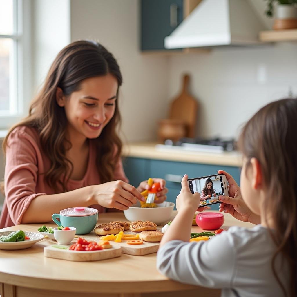 Parent and child engaging in a cooking game using toy kitchen tools and plastic food in a cozy home kitchen setting.