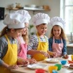 Kids cooking together in kitchen wearing aprons and chef hats, smiling and having fun with food ingredients.