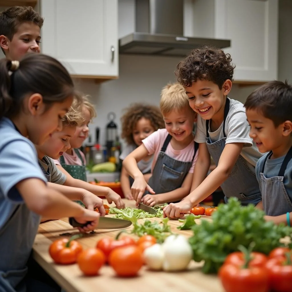 Kids participating in a cooking class at home, learning to chop vegetables with an adult's supervision.