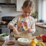 Child with apron mixing ingredients in a home kitchen during a cooking lesson.