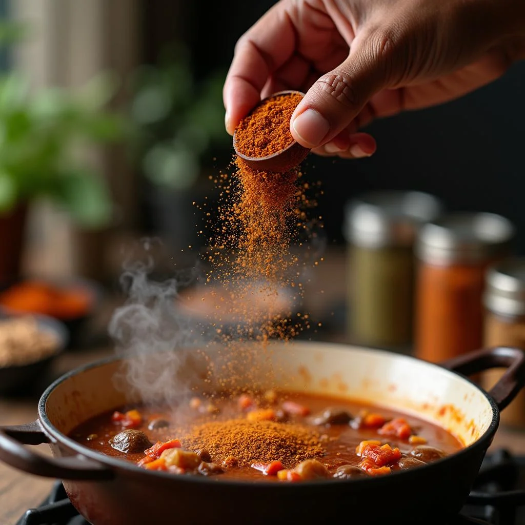 Hands adding African spices to a traditional stew in a home kitchen setting.