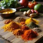 A colorful spread of African spices and fresh ingredients on a kitchen table for beginner cooking recipes.