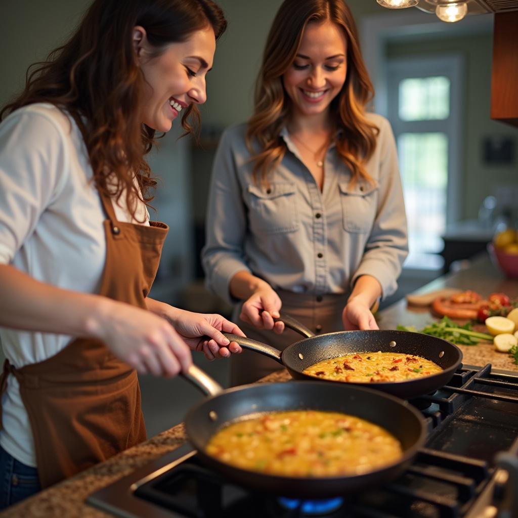 Partner cooking together at the stove, showcasing teamwork and fun in the kitchen.