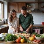 Couple preparing a meal together in the kitchen, emphasizing teamwork and partnership in cooking.