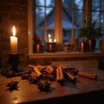 Cozy kitchen with lit candle and winter spices on wooden table for winter nights