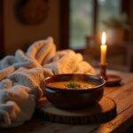 A warm and cozy kitchen setup featuring soup, blankets, and candle for a relaxing self-care day