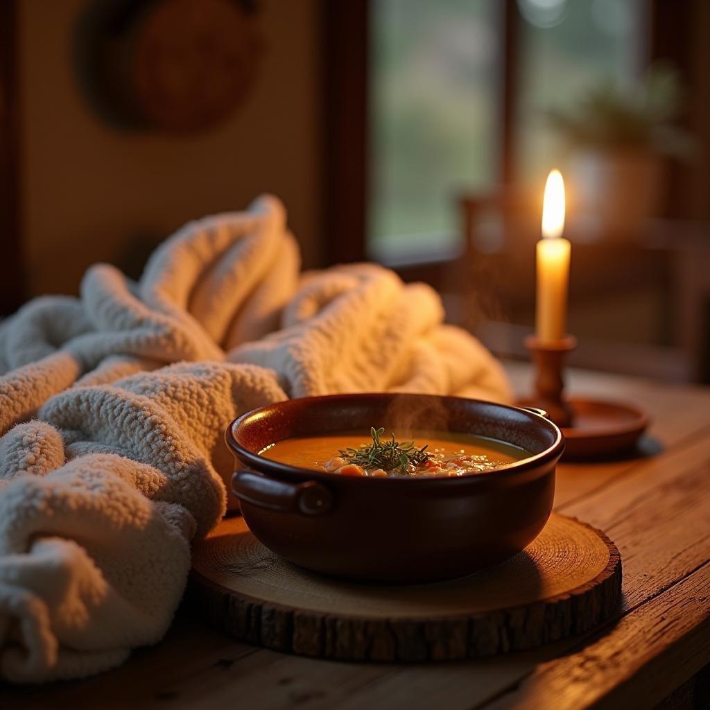 A warm and cozy kitchen setup featuring soup, blankets, and candle for a relaxing self-care day