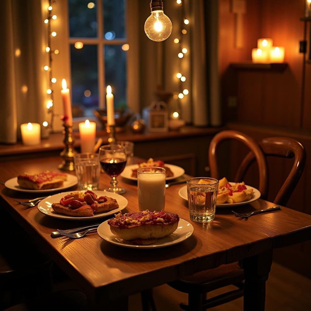 Indoor cozy winter dinner with candles, fairy lights, and comforting food on a rustic table