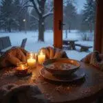 Cozy winter dinner scene with candlelight and hot soup outdoors in the snow