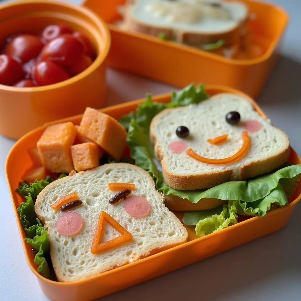 Kids' lunchbox showing creative fun-shaped sandwiches with smiley face designs made from bread, vegetables, and spreads.
