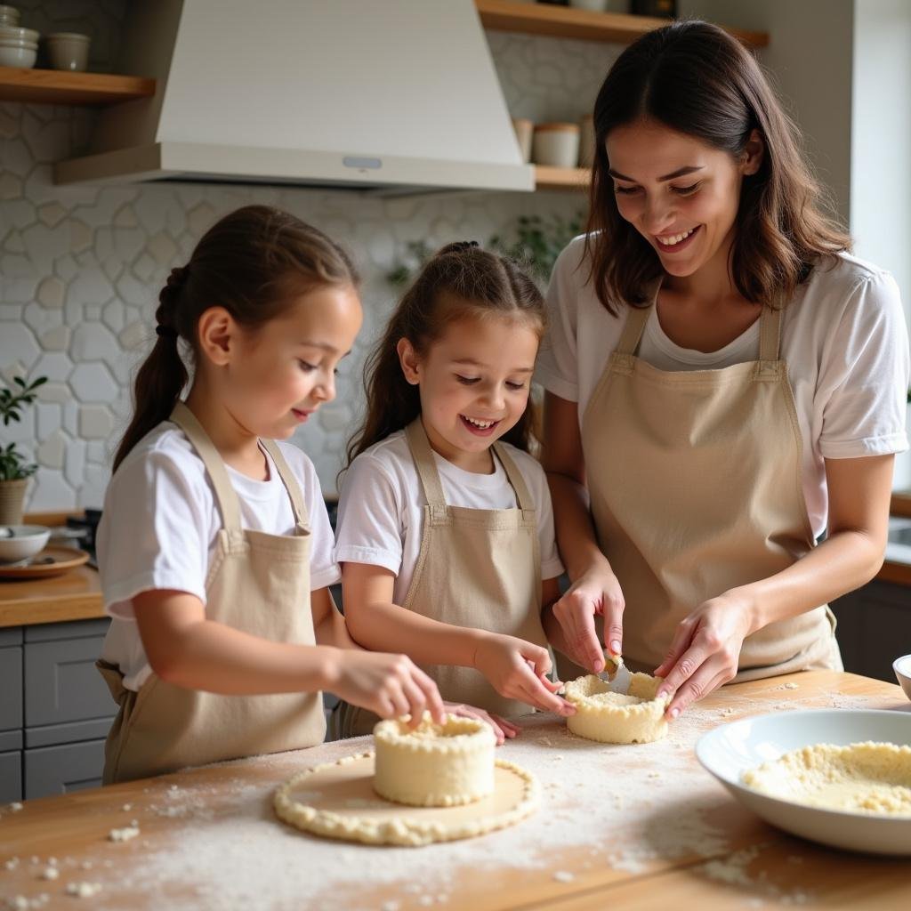 Happy children and a teacher baking cookies, applying math concepts like division and measurement in a kitchen