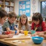 Kids counting and measuring ingredients during a fun math and cooking class in a bright classroom