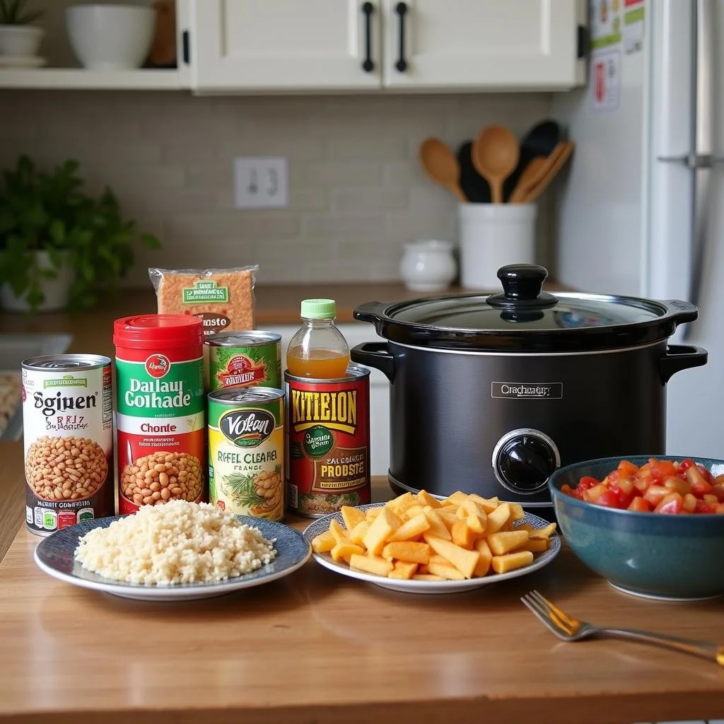 Kitchen countertop with economical ingredients and a slow cooker, emphasizing cost-saving cooking ideas.