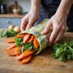 Person wrapping vegetables with vibrant homemade beeswax wraps in a kitchen setting