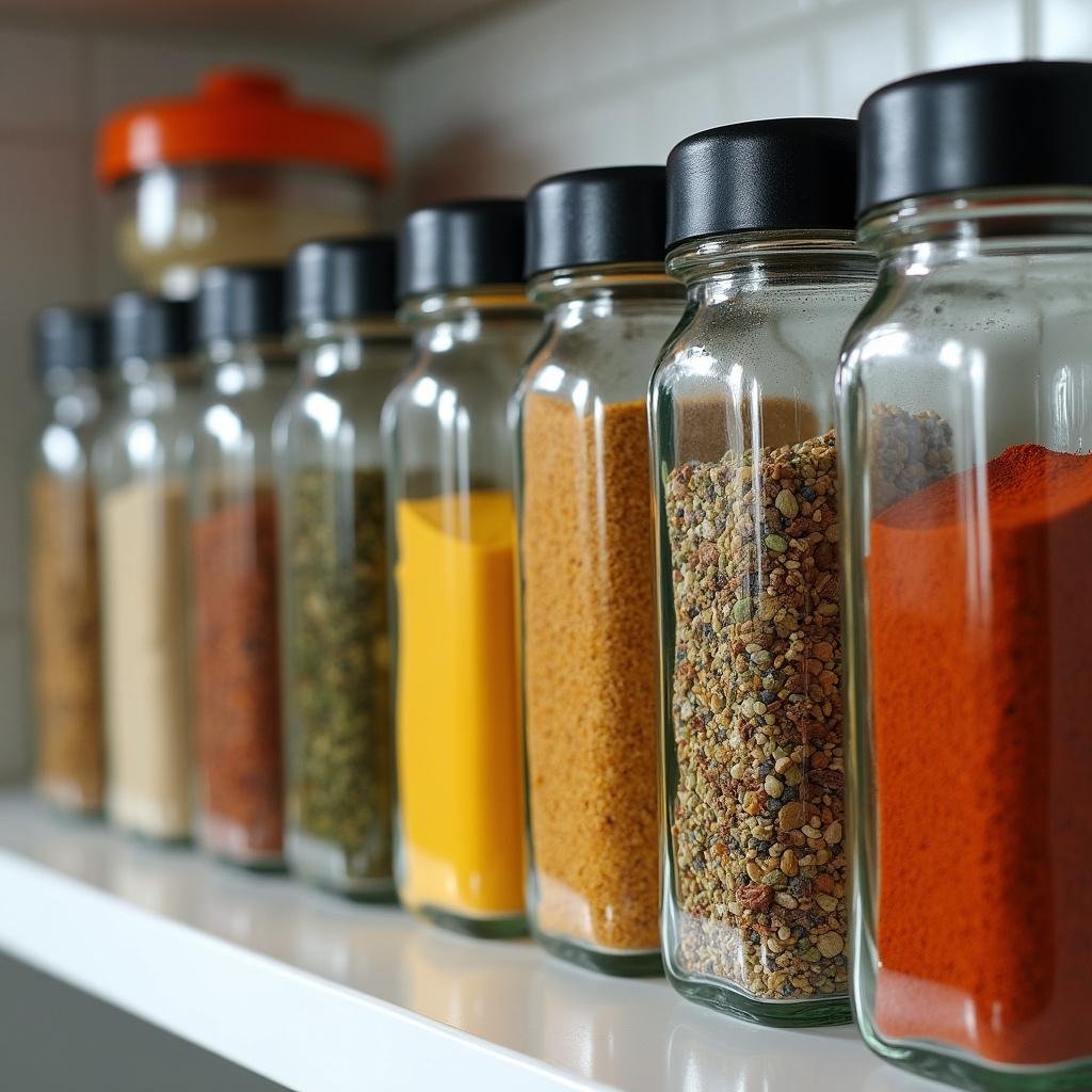 Close-up of glass jars filled with spices and herbs, neatly labeled and arranged, showcasing DIY food storage solutions.