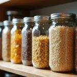 Kitchen shelf with glass jars containing dry food items like pasta, rice, and beans, demonstrating DIY food storage hacks.