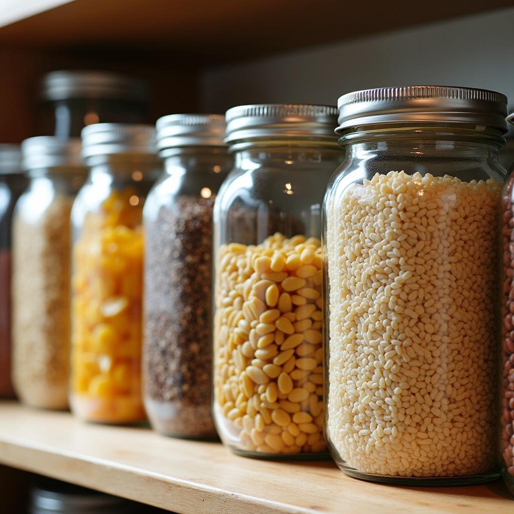 Kitchen shelf with glass jars containing dry food items like pasta, rice, and beans, demonstrating DIY food storage hacks.