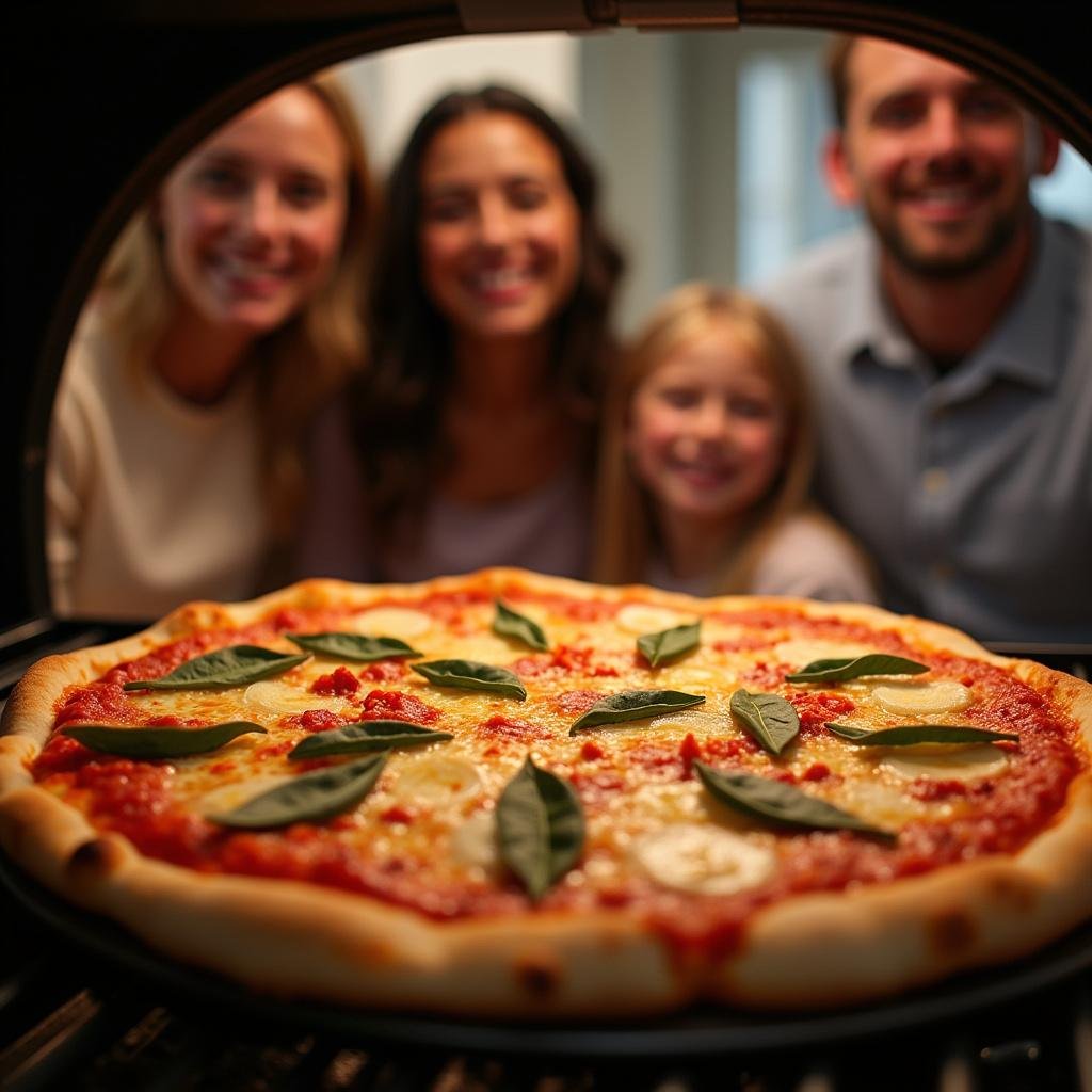 Freshly baked homemade pizza with various toppings in the oven, family enjoying their pizza night