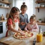 Family cooking homemade pizza together in the kitchen, kids spreading sauce on the dough