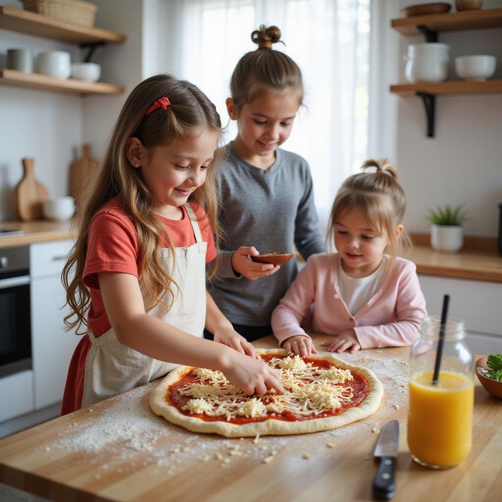 Family cooking homemade pizza together in the kitchen, kids spreading sauce on the dough
