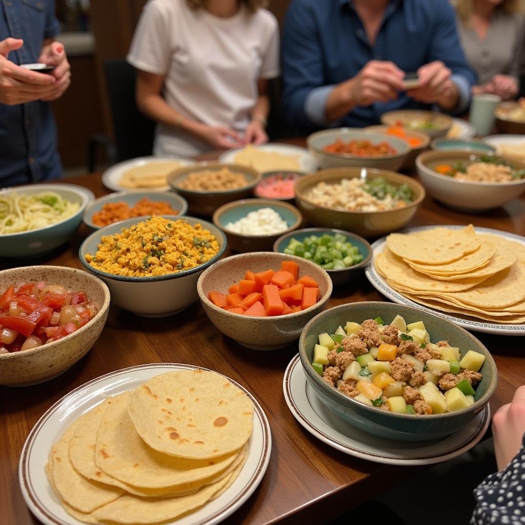 A vibrant DIY taco bar setup with various taco ingredients and a family preparing their meals together.