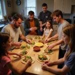 Family creating personalized tacos at a DIY taco bar night with fresh ingredients and a joyful atmosphere.