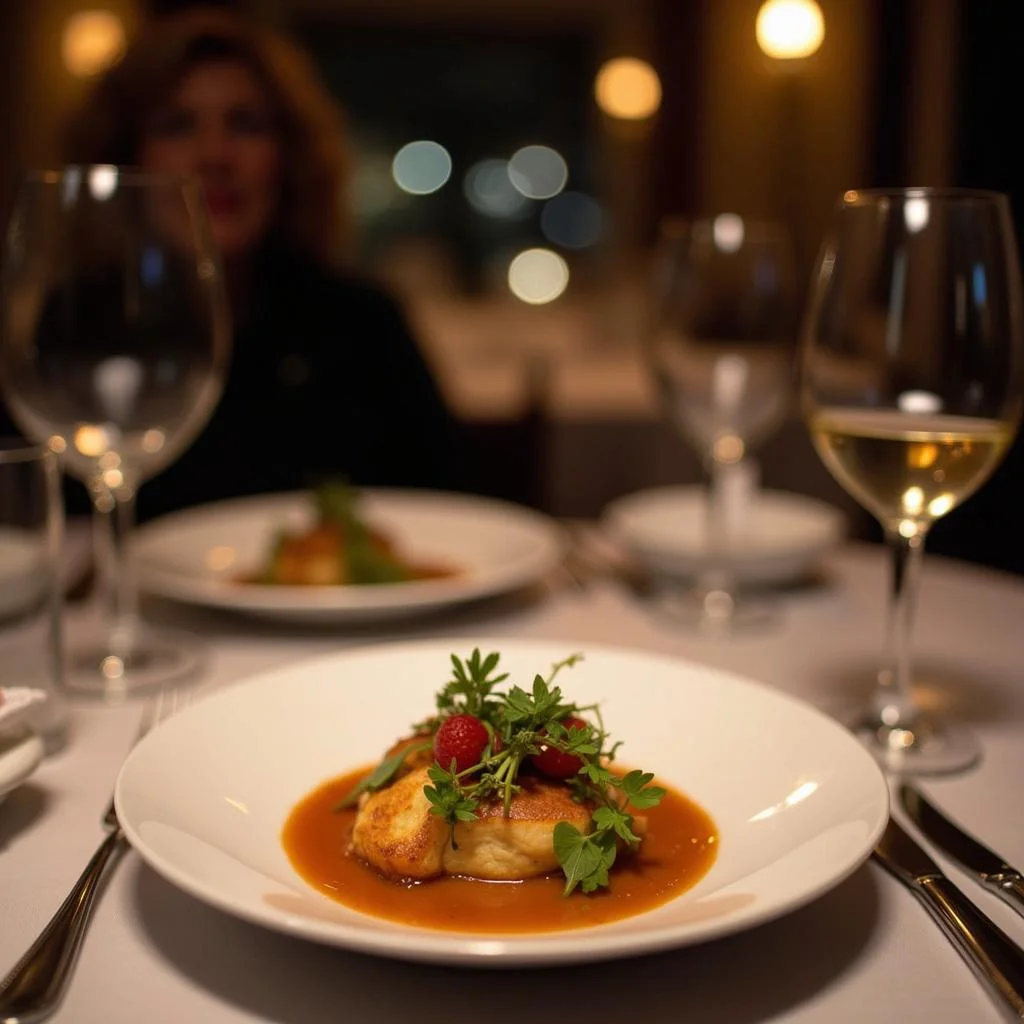 Elegant dinner setting with a couple enjoying a delicious meal on a date night.