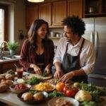 Romantic couple preparing a homemade dinner together in a warm kitchen setting.