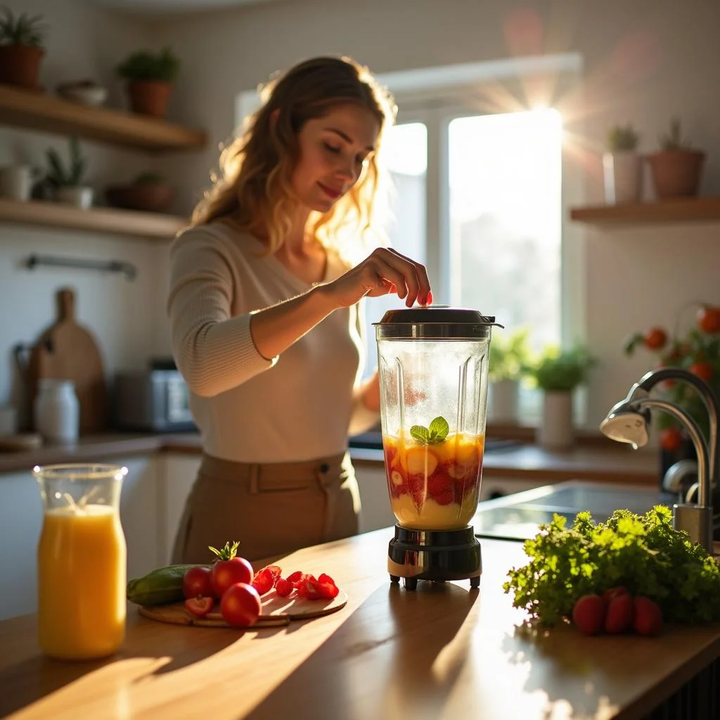 Person making a healthy detox smoothie with fresh fruits and vegetables in a bright kitchen, promoting easy detox recipes