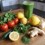 Fresh fruits, vegetables, lemon, ginger, and herbs on a kitchen table with a glass of green detox beverage, illustrating healthy detox recipes
