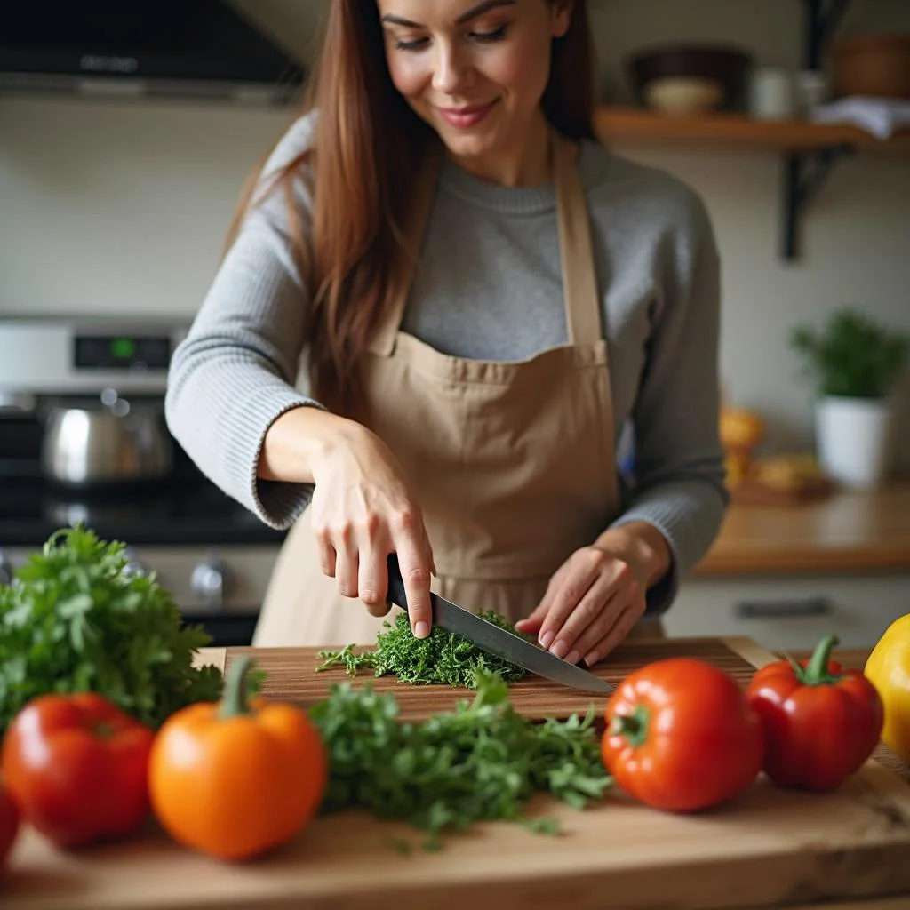 Woman cooking a nutritious dinner with fresh ingredients to support hormonal health in a cozy kitchen.