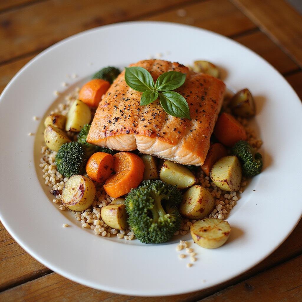 Healthy dinner plate with grilled salmon, roasted vegetables, and quinoa supporting hormonal health.