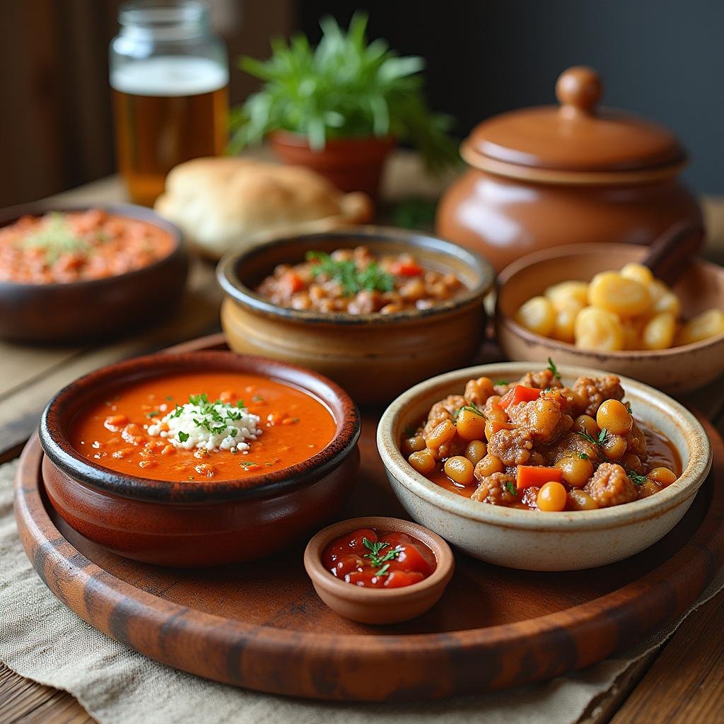 Assorted Eastern European comfort foods such as borscht, sarmale, and goulash arranged on a wooden serving platter